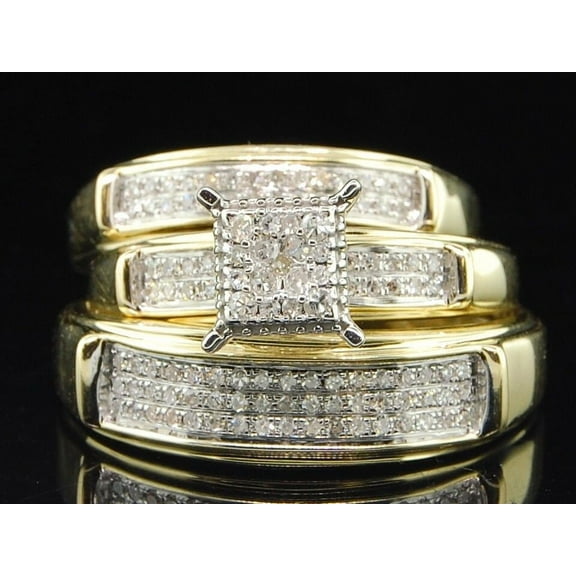 Mens/Ladies 10K Yellow Gold Diamond Engagement Ring Wedding Band Bridal Set Trio