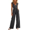 thumbnail image 2 of Women's V-Neck Jumpsuit, Sleeveless With Waist Ties, Zipper Pocket Detail, Solid Color One-Piece Pants For Adjustable Fit Dark Gray L, 2 of 7
