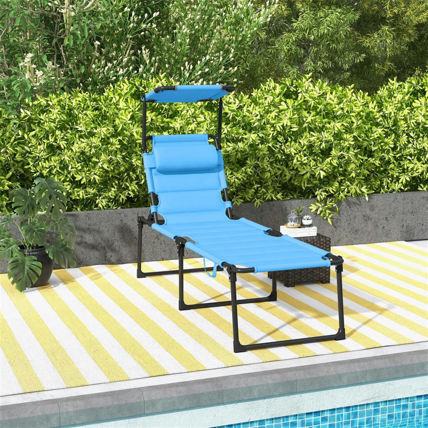 Demi Bonn Outdoor Folding Lounger with 4-Position Reclining, Pillow & Sun Canopy for Relaxing Patio, Deck, Comfortable Sun Protection Seating, Blue