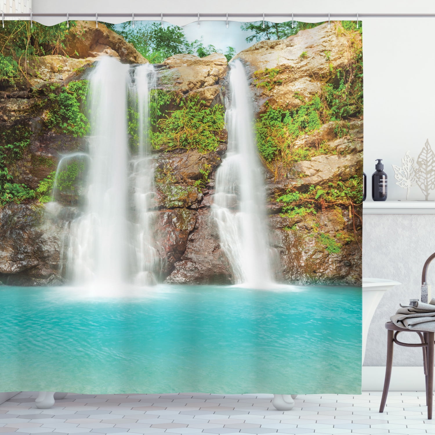 Rainforest Decorations Shower Curtain Set, Waterfall In Tropic