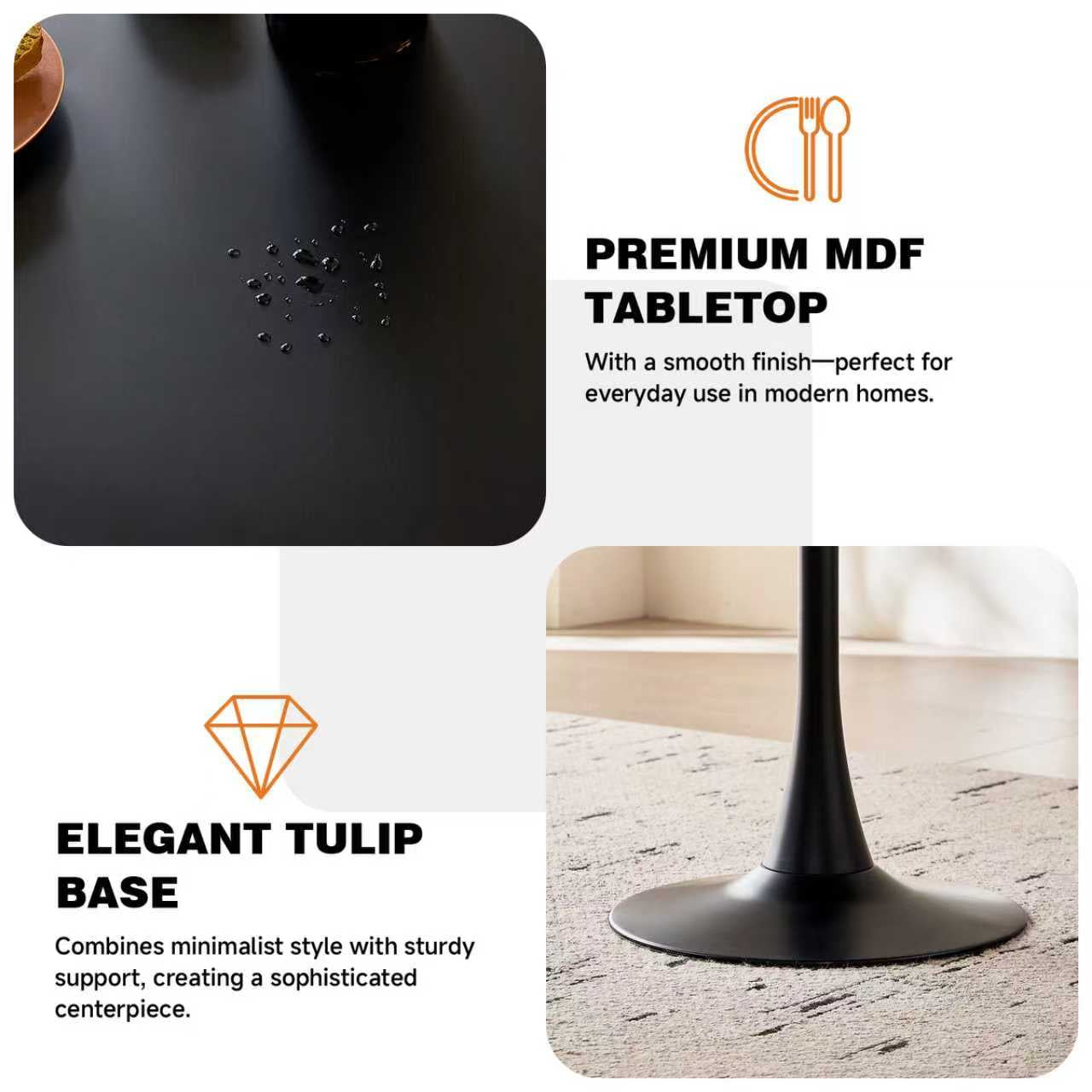 23.6" Small Round Dining Table [Metal Tulip Pedestal Base] Black Modern Kitchen Table for Dining Living Room Apartment Small Space