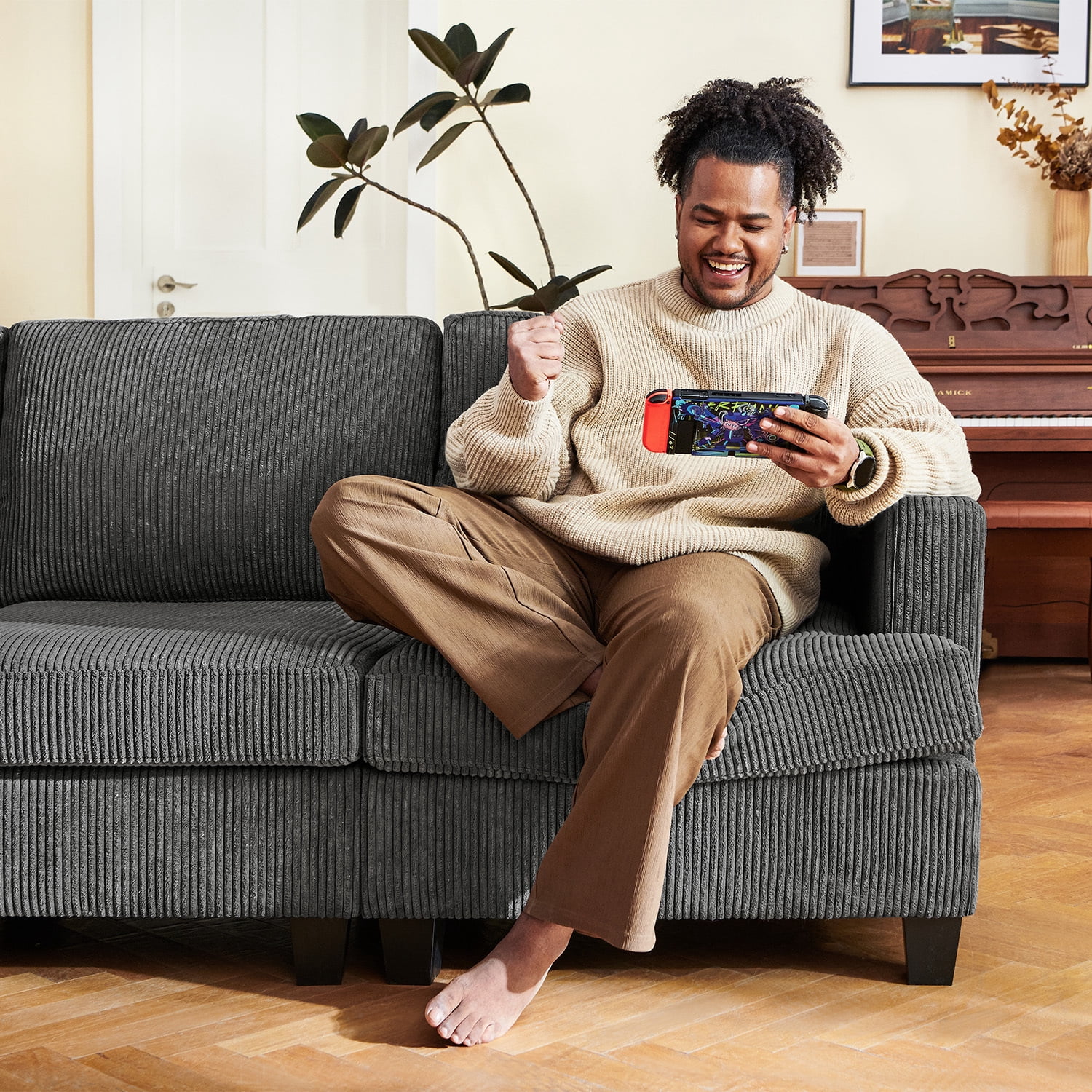 HONBAY 128.1" U Shape Sectional Sleeper Sofa Bed Corduroy Oversized Couch with Storage for Living Room, Dark Gray