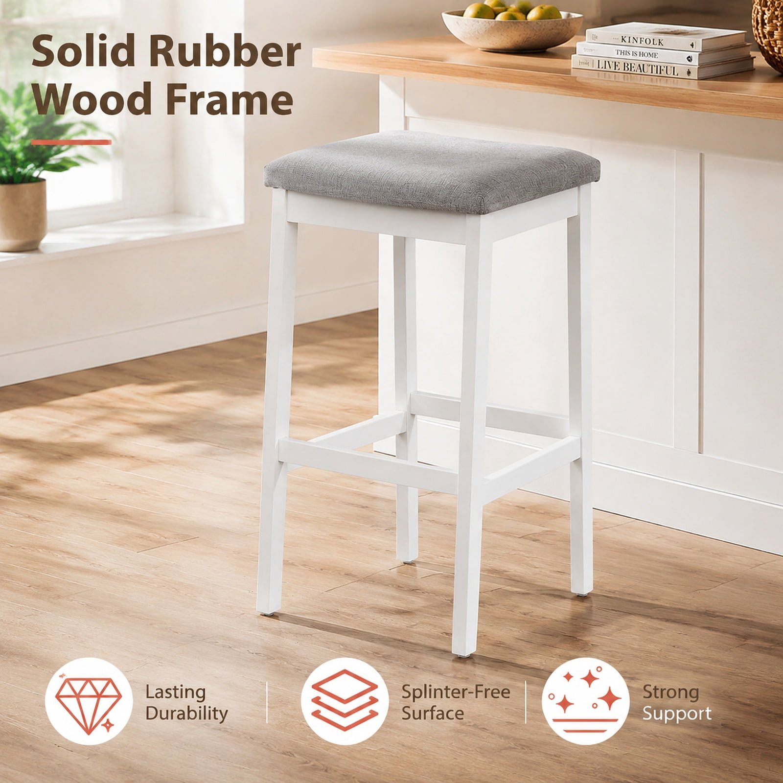 Furnibear Set of 2 Upholstered Barstool 29.5 Inch Bar Height with Solid Rubber Wood Frame for Kitchen Island Counter Bar Pub Dining Home, White