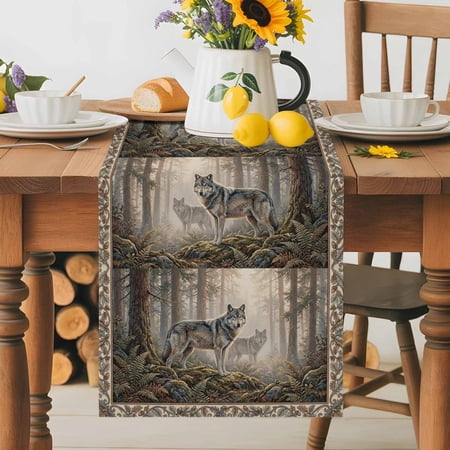 Burlap Table Runner 36 Inches Long, Natural Wild Wolf Forest Scenery Non-Slip Kitchen Table Runners for Dining Room Everyday Use Party Table Decorations Animal Botanical Tree Plant