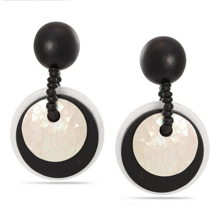 Tazza Women S Black Wooden And White Mother Of Pearl Drop Post Tazza Women S Black Wooden And White Mother Of Pearl Drop Post Earring