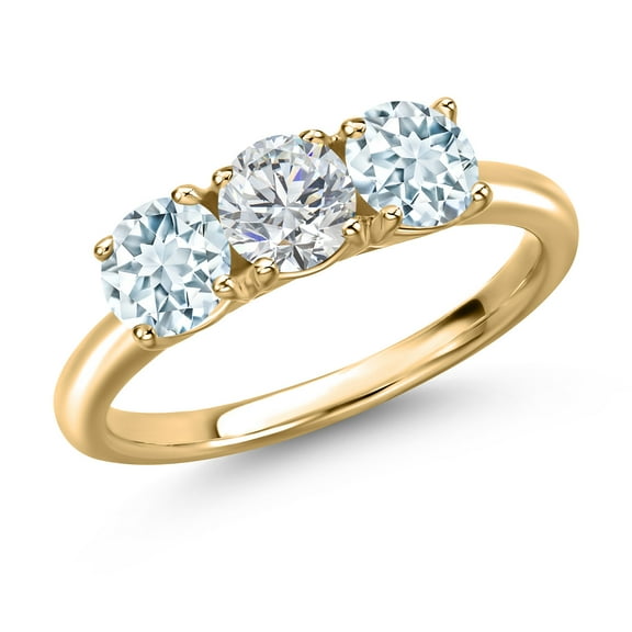 Gem Stone King 10K Yellow Gold Lab Grown Diamond and Sky Blue Aquamarine Engagement Ring for Women | 1.50 Cttw | Round 5MM | Gemstone April Birthstone | Size 9