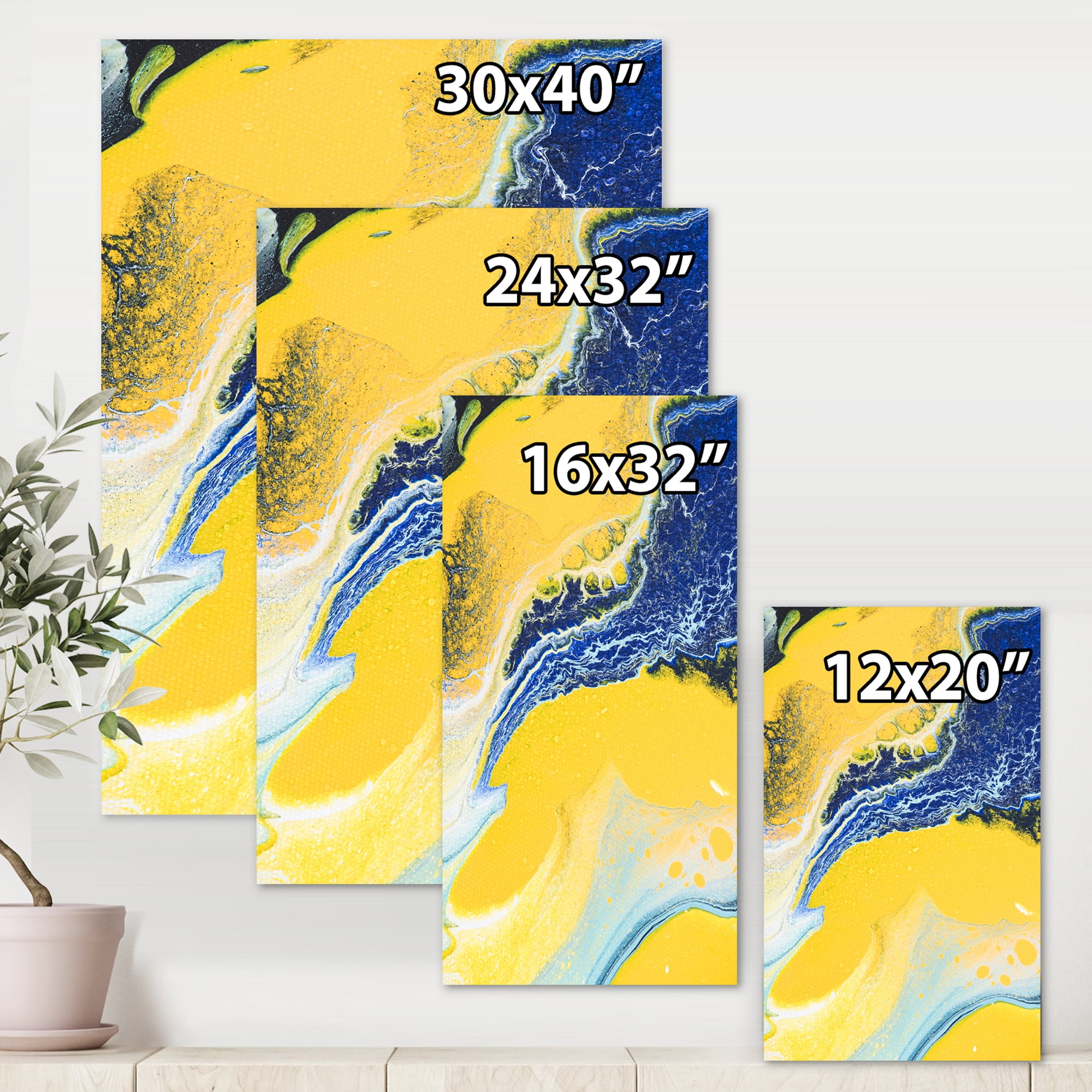 Designart ' Abstract Composition In Blue and Yellow VII ' Modern Canvas Wall Art Print