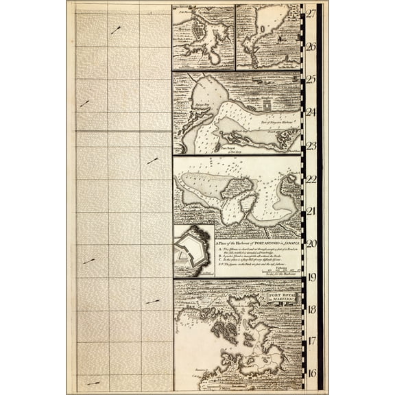 24"x36" Gallery Poster, map of Harbors of Havana Kingston Fort Royal 1733