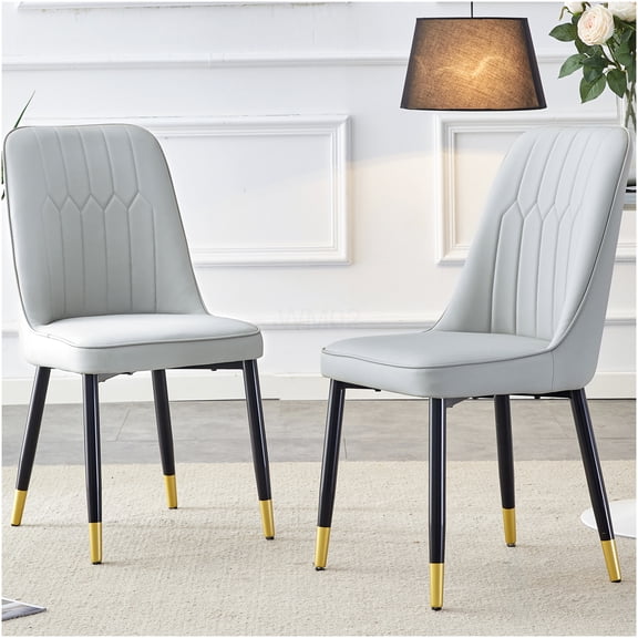 Modern Light Gray PU Dining Chairs Set of 2 with Metal Legs for Kitchen and Living Room