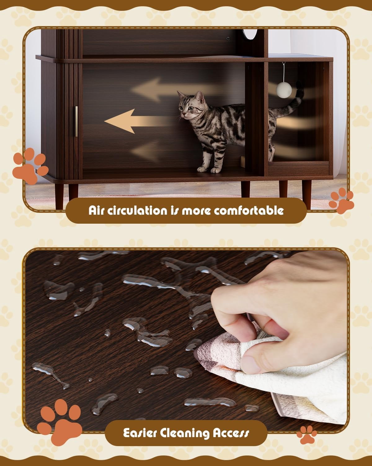 Cat Litter Box Enclosure Furniture with Sliding Door, Large 3-Tier Wood Cat House, Cat Scratch Pad & 2 Dangling Plush Balls, Brown
