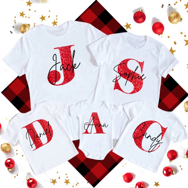 Camiseta personalizada con inicial navideña para toda la familia, nombre personalizado, mamá, papá, hija, hijo, conjuntos para bebé, tops, ropa para niñas y niños