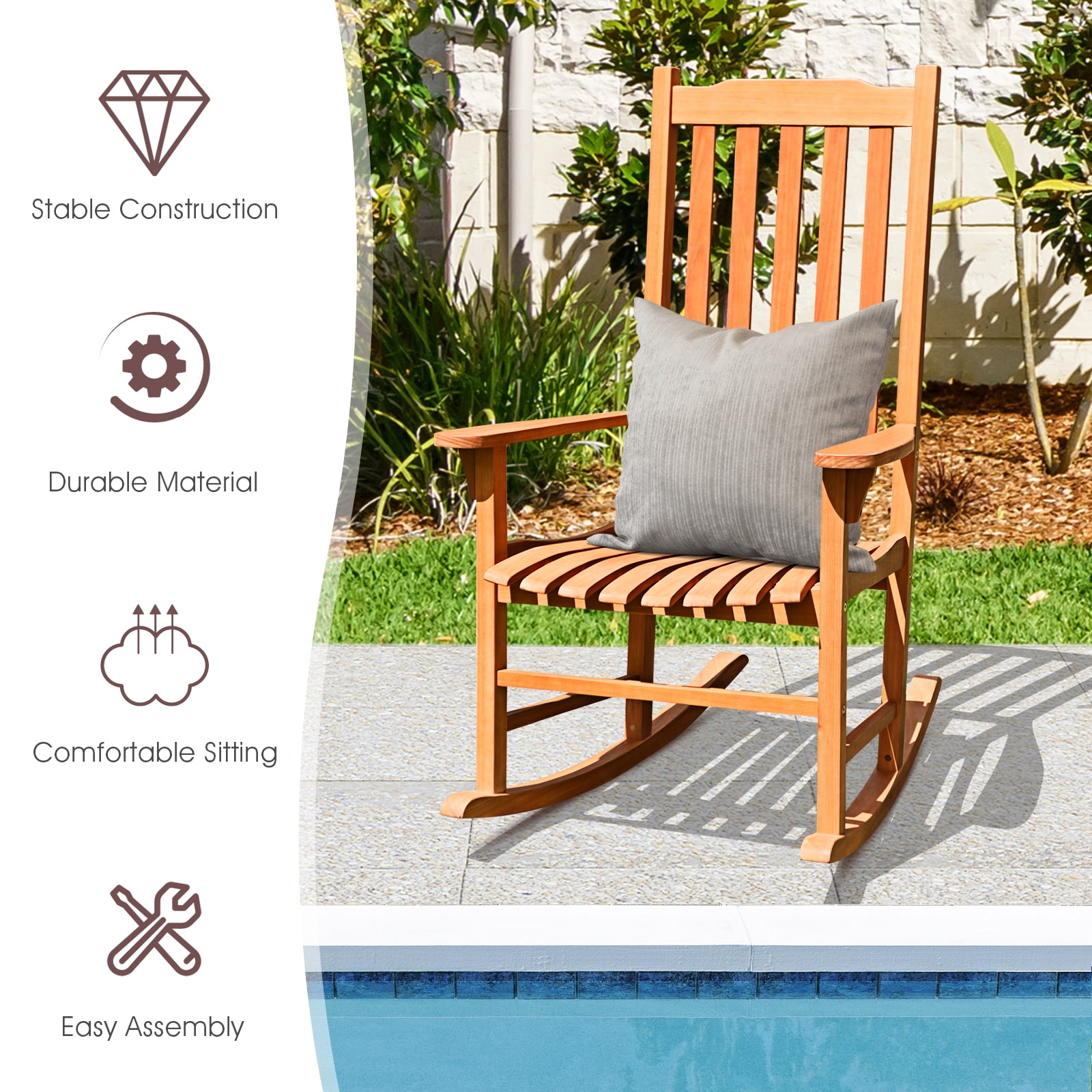 Patiojoy Outdoor Single Rocking Chair Wooden Patio Rocker Chair Natural Wood