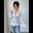 thumbnail image 4 of Blusa con Estampado Floral para Mujer, Larga, Estilo Babydoll, Escote en V Profundo, Peplum Azul L, 4 of 9