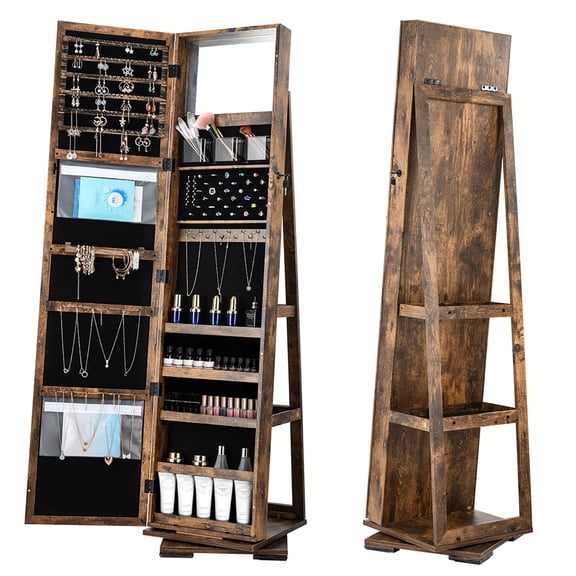 Mirror Jewelry Cabinet, 62.99-Inch Tall Lockable Jewelry Armoire Organizer with Mirror Brown