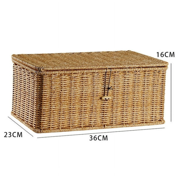 Caja de almacenamiento tejida de ratán de imitación de plástico con tapa Cesta de almacenamiento para el hogar Caja de almacenamiento de escritorio