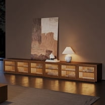 POVISON-118" Mid-Century Modern Wood Slatted TV Stand with LED lights, LED TV Stand, Walnut Color TV Console, Minimalist Entertainment Center, Perfect for 85-inch TVs