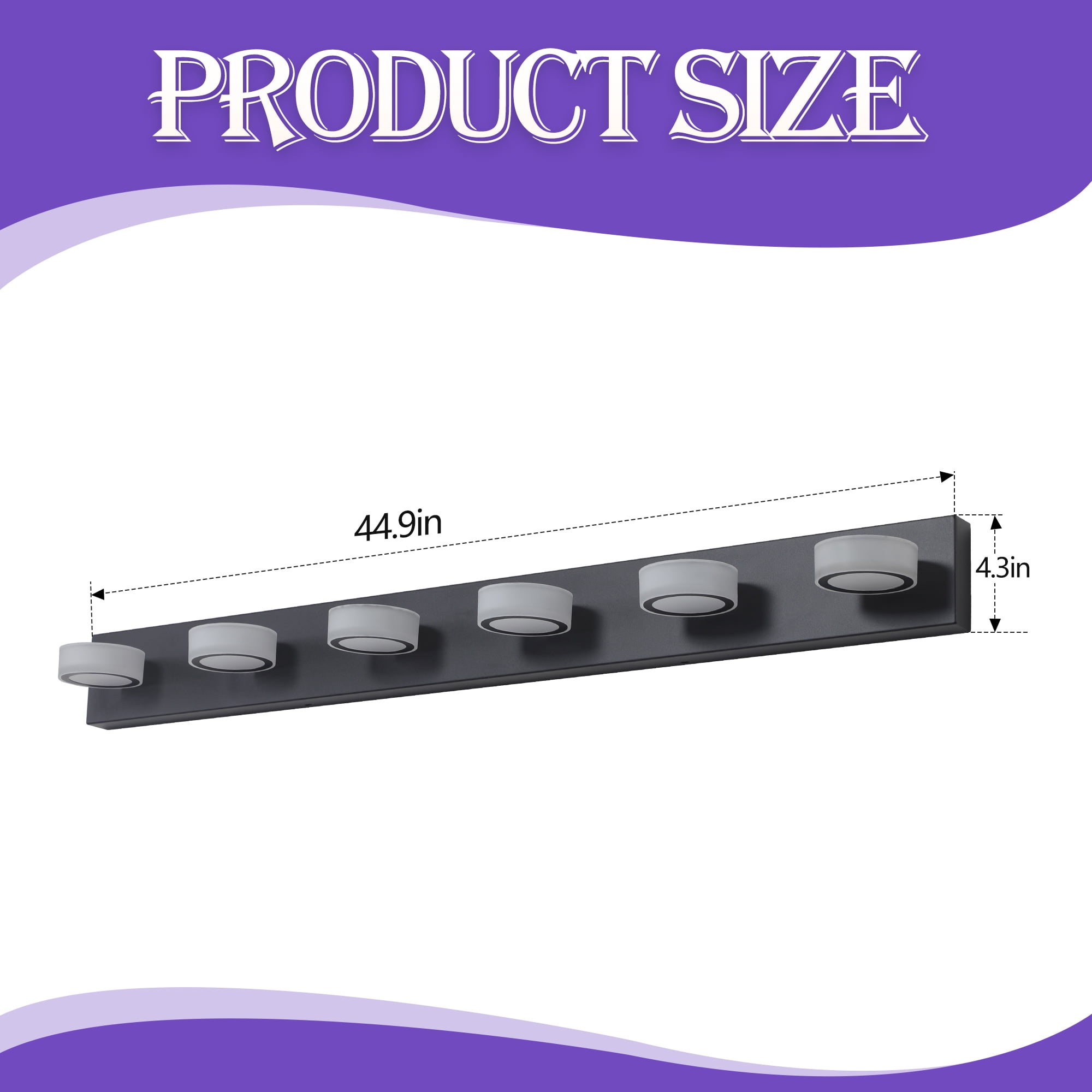 GCGAFUL 45 in. 6-Light Modern Black LED Vanity Light Bar with Acrylic Shades for Mirror, Shower, and Bathroom Decor