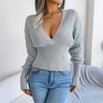 thumbnail image 2 of VISALY V Neck Pullover Sweater Ribbed Long Sleeve Tops Sweaters for Women Trendy Crewneck Long Sleeve Sweater Tops Fall Chunky Cable Knit Pullover Sweaters Sweater Shirts Pullovers Pullover Grey S, 2 of 6