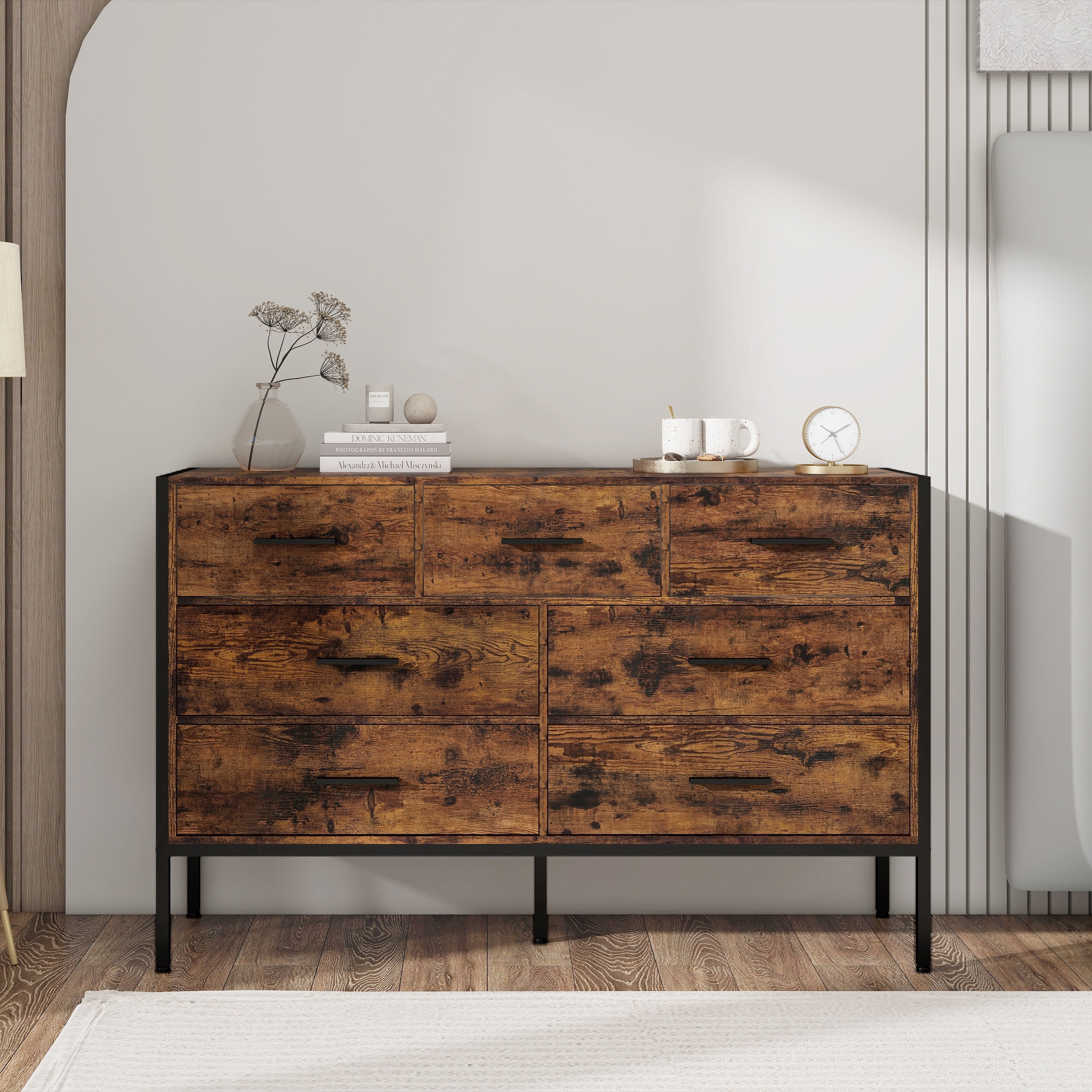 PORKISS 7 Drawer Dresser, Wood Chest of Drawers, Industrial Style Horizontal Dresser for Bedroom, Solid Clothes Storage Cabinet with Sturdy Steel Frame, Wooden Dresser Organizer, Brown