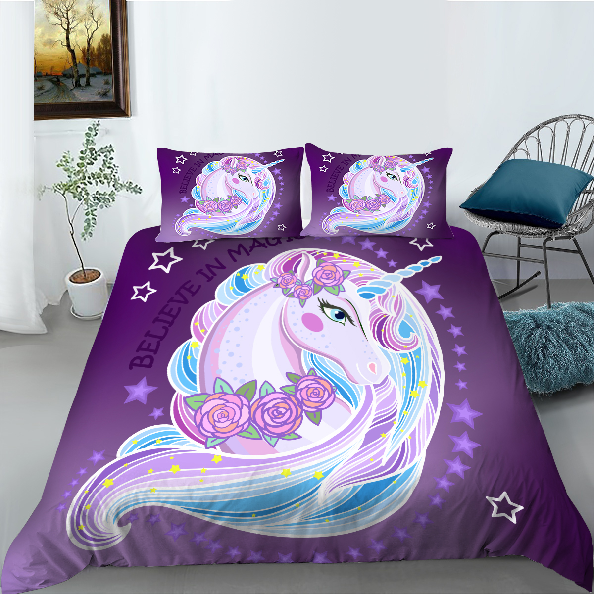 Unicorn Bedding Flower Girl Comforter Sets,Cartoon Unicorn Bedspreads Cute Comforter Sets For