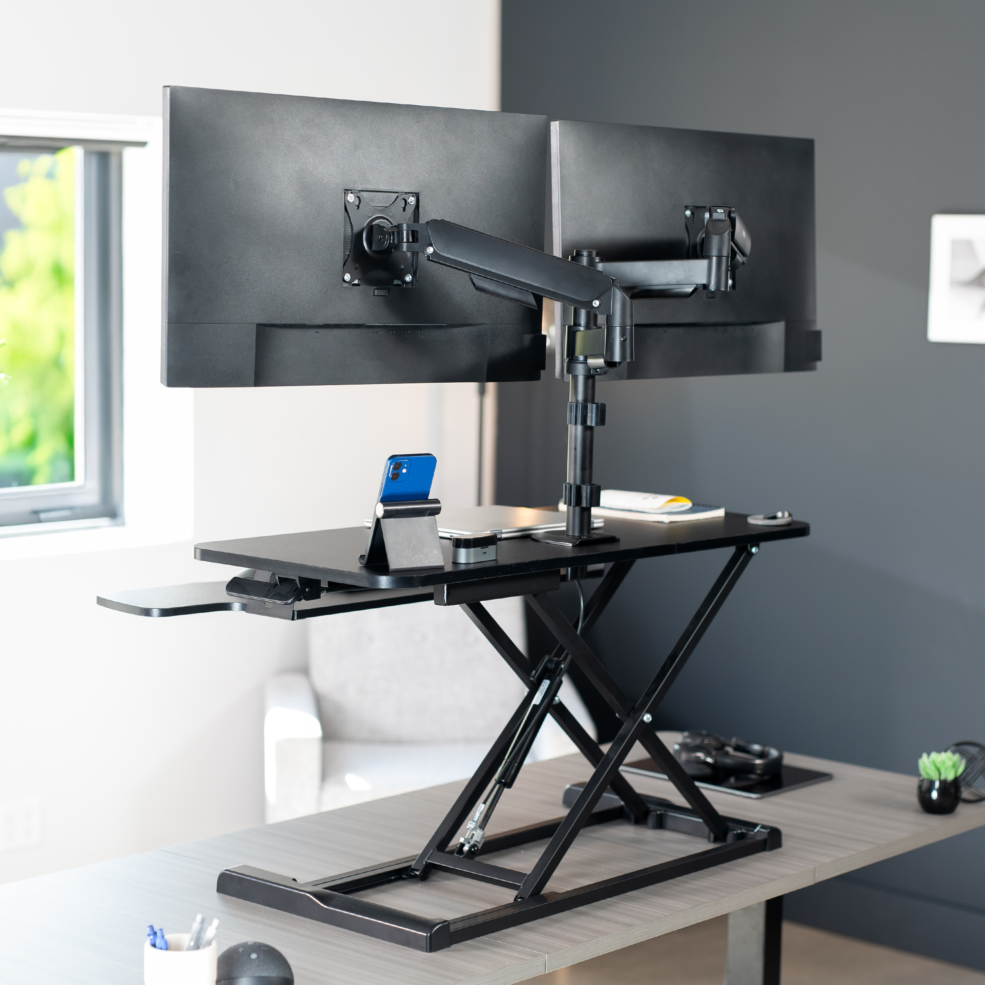 VIVO Black 36" Standing Desk Riser with Dual Monitor Arm for up to 32" Screens