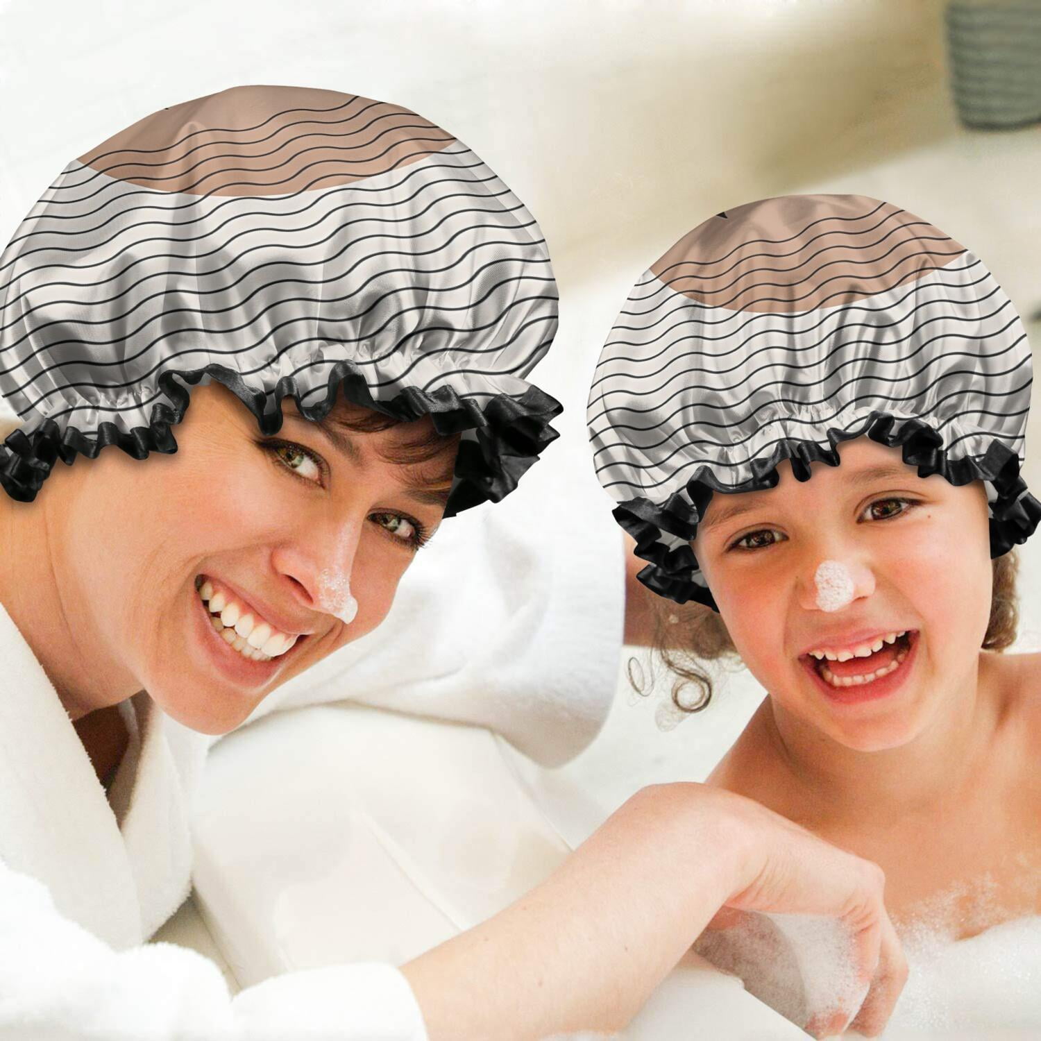 Shower Caps,Brown Boho Abstract and Plant Pattern Waterproof Shower Cap for Women 4 Pieces,Double Reusable Hair Cover for Shower PEVA Elastic Stretch Hem
