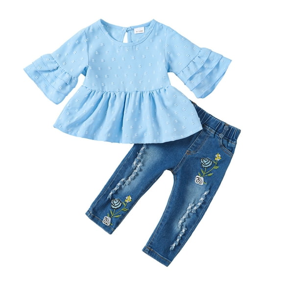 6 Months Baby Girls Clothes 12 Months Girls 2PCS Denim Outfits Set Solid Color Round Neck Infant Girls Mid Sleeve Top Denim Pants Set Blue