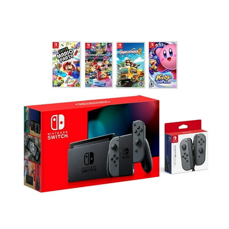 2019 New Nintendo Switch Gray Joy-Con Console Multiplayer Party Game Bundle + Extra Pair of Gray Joy-Con, Super Mario Party, Mario Kart 8 Deluxe, Overcooked 2, Kirby Star Allies