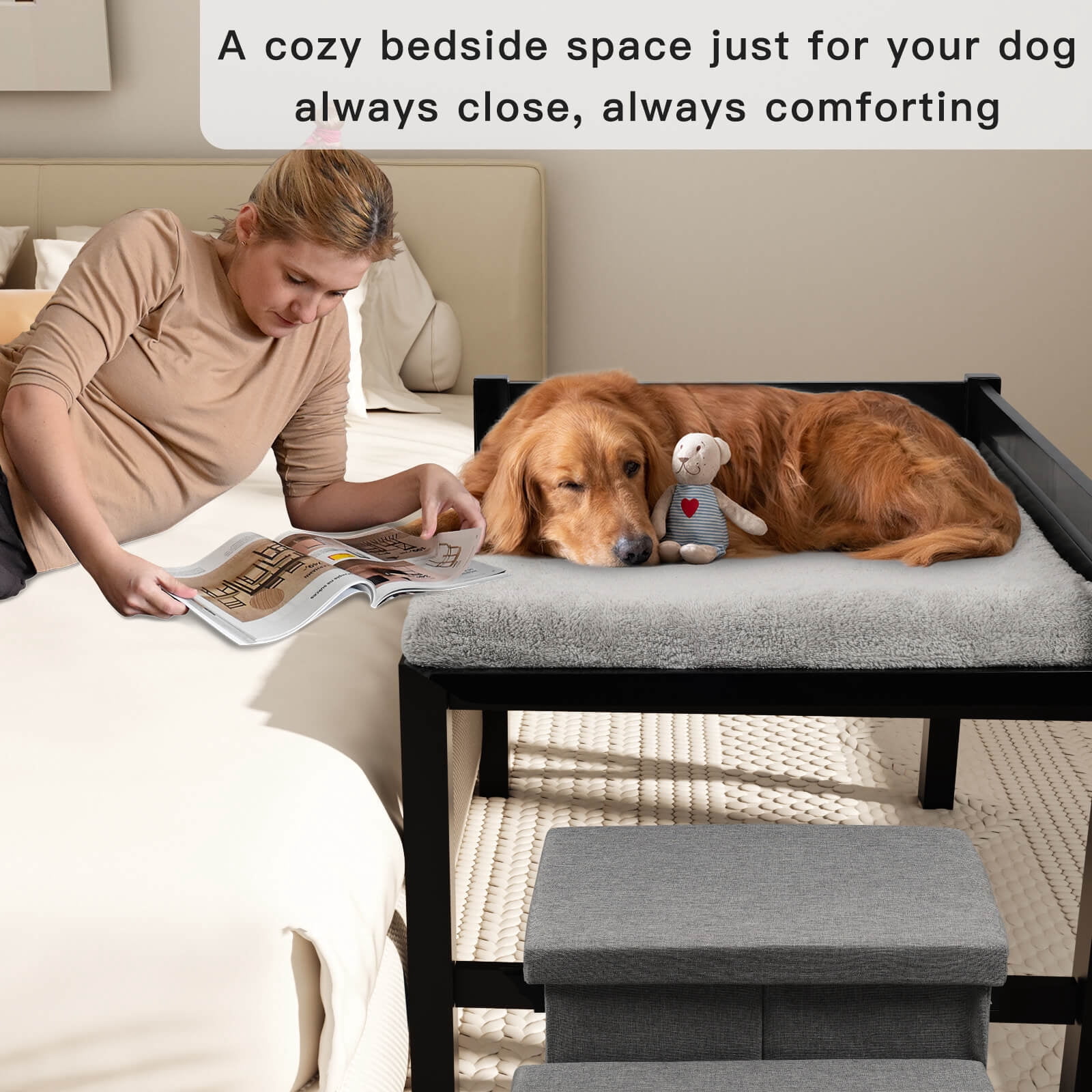 Bedside Dog Bed with Stairs and Mattress, Elevated Wooden Pet Bed Frame with 3-Step Foldable Storage Staircase & Plush Mattress, for Medium Dogs and Large Dogs, Large Size