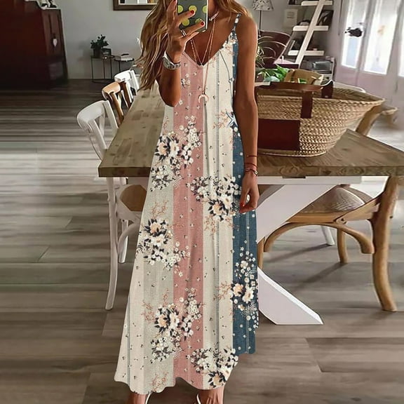 Munlar Women's Slip Dress Sleeveless V Neck Dress Plus Size Floral Print Summer Casual Maxi Dress