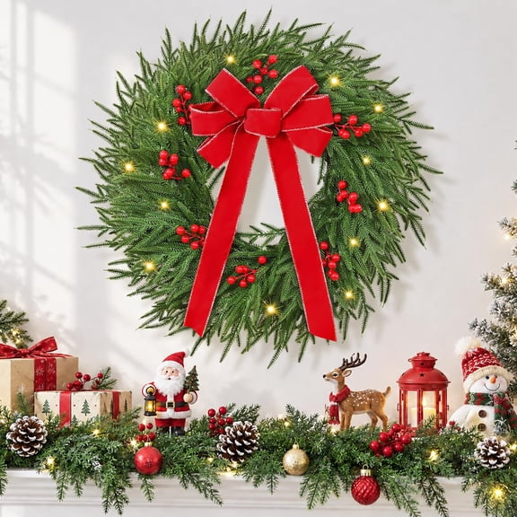 Lyacmy 26 Inch Lighted Norfolk Pine Christmas Wreaths for Front Door, Large Xmas Door Wreath with Red Bow and Berries Christmas Decorations
