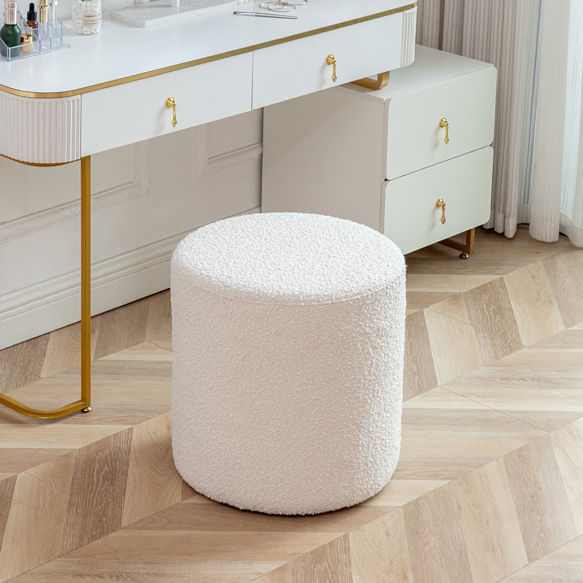 Modern Round Boucle Upholstered Ottoman with Soft Padded Seat, Multi-Functional Sofa Footrest, Side Table, Extra Seating for Living Room, Bedroom, Entryway 18" Dx 18" W x 18" H (Cream)