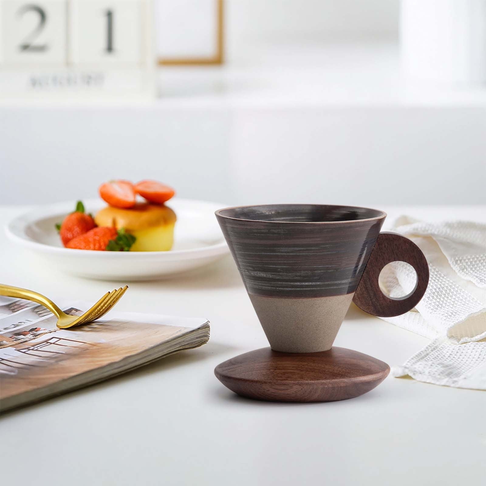 Elegant Conical Ceramic Coffee Cup with Solid Wood Base, Vintage Coarse Pottery Funnel-Shaped Mug for Home, Handcrafted Heat-Resistant Tea Coffee Cup, Pour-Over Espresso Brewing Mug, 200ml