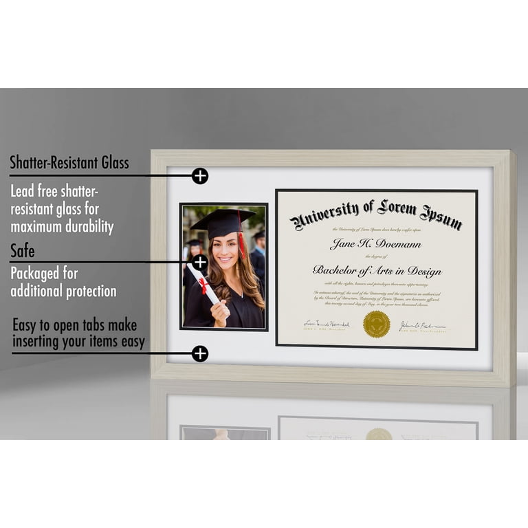 Graduate Diploma Frame 11x18.5 – Display 8.5x11 Certificate & 4x6 Photo, Real Glass, Black Frame With Gold/Black Double Mats, Tassel Holder