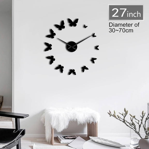 DIY Giant Wall Clock 3D Butterfly Mirror Large Numer Wall Clock Sticker Animal DIY Frameless Huge Modern Watch Creative Decor(Black,27inch)
