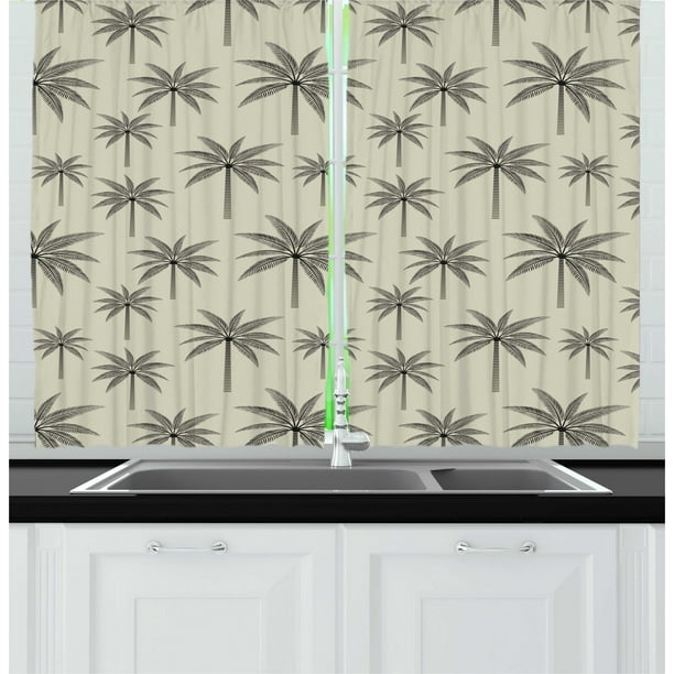Palm Tree Kitchen Curtains, Vintage Style Plantation Items Long Tropical Hawaiian Vibes, Two Panels Drapes with Rod Pocket Room Decor, 55