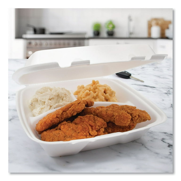 Foam Hinged Lid Container, Performer Perforated Lid, 3-Compartment, 9 x 9.4 x 3, White, 100/Bag, 2 Bag/Carton Foam Hinged Lid Container, Performer Perforated Lid, 3-Compartment, 9 x 9.4 x 3, White, 100/Bag, 2 Bag/Carton