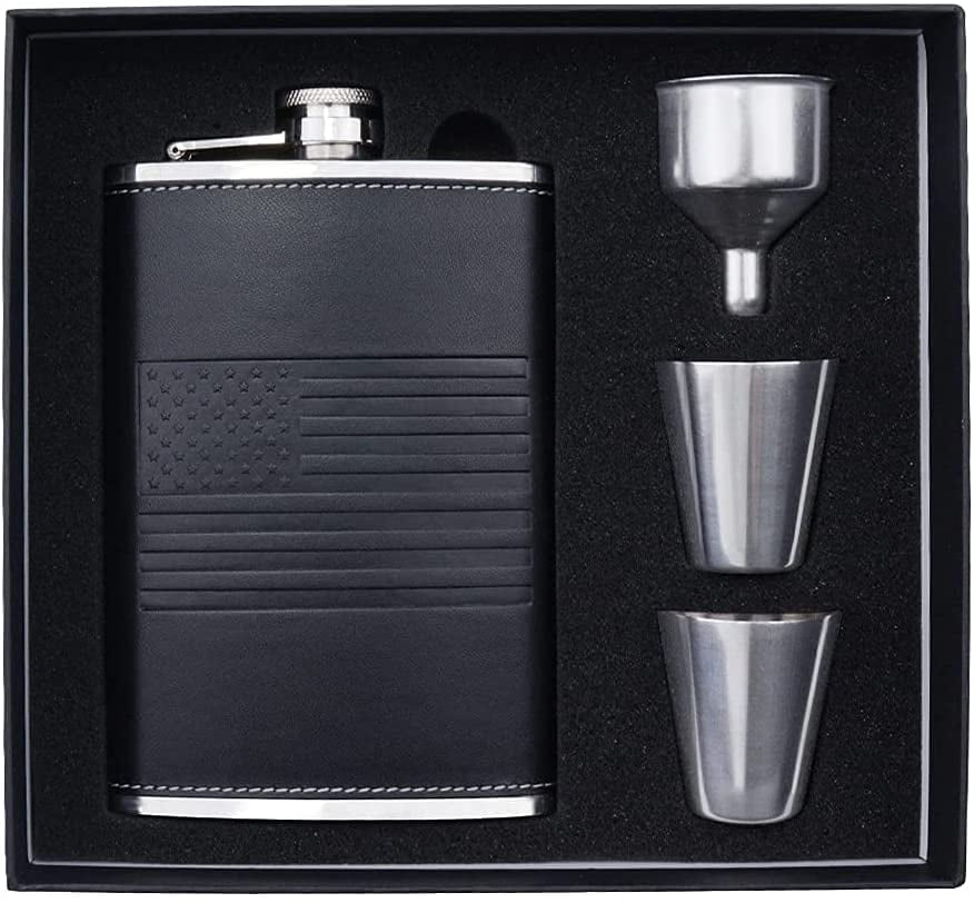 LARGE 8 OZ BLACK LEATHER WRAPPED FLASK IN GIFT BOX bar hip stainless steel NEW 