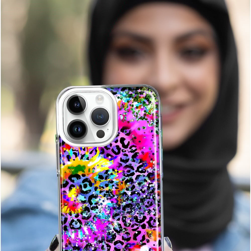 thumbnail image 5 of MUNDAZE Apple iPhone 13 Pro Max Shockproof Clear Hybrid Protective Phone Case Vibrant Pink Purple Tie Dye Summer Leopard Swirl Rainbow Cover, 5 of 5