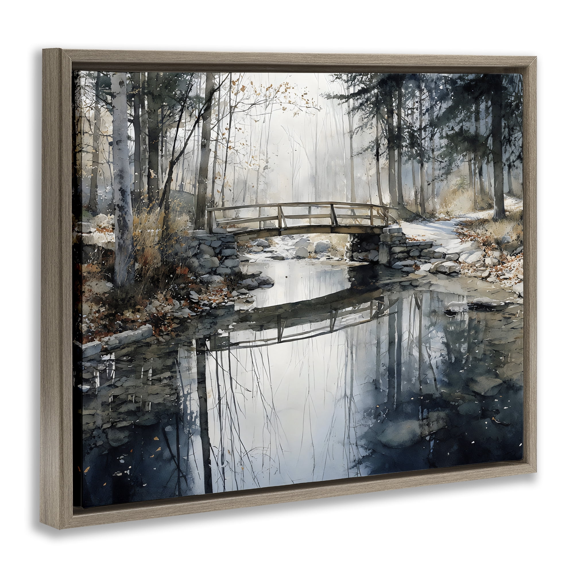 Stupell Industries Stone Bridge over Stream Brown Framed Floater Canvas Wall Art, design by Franklyn Gregory