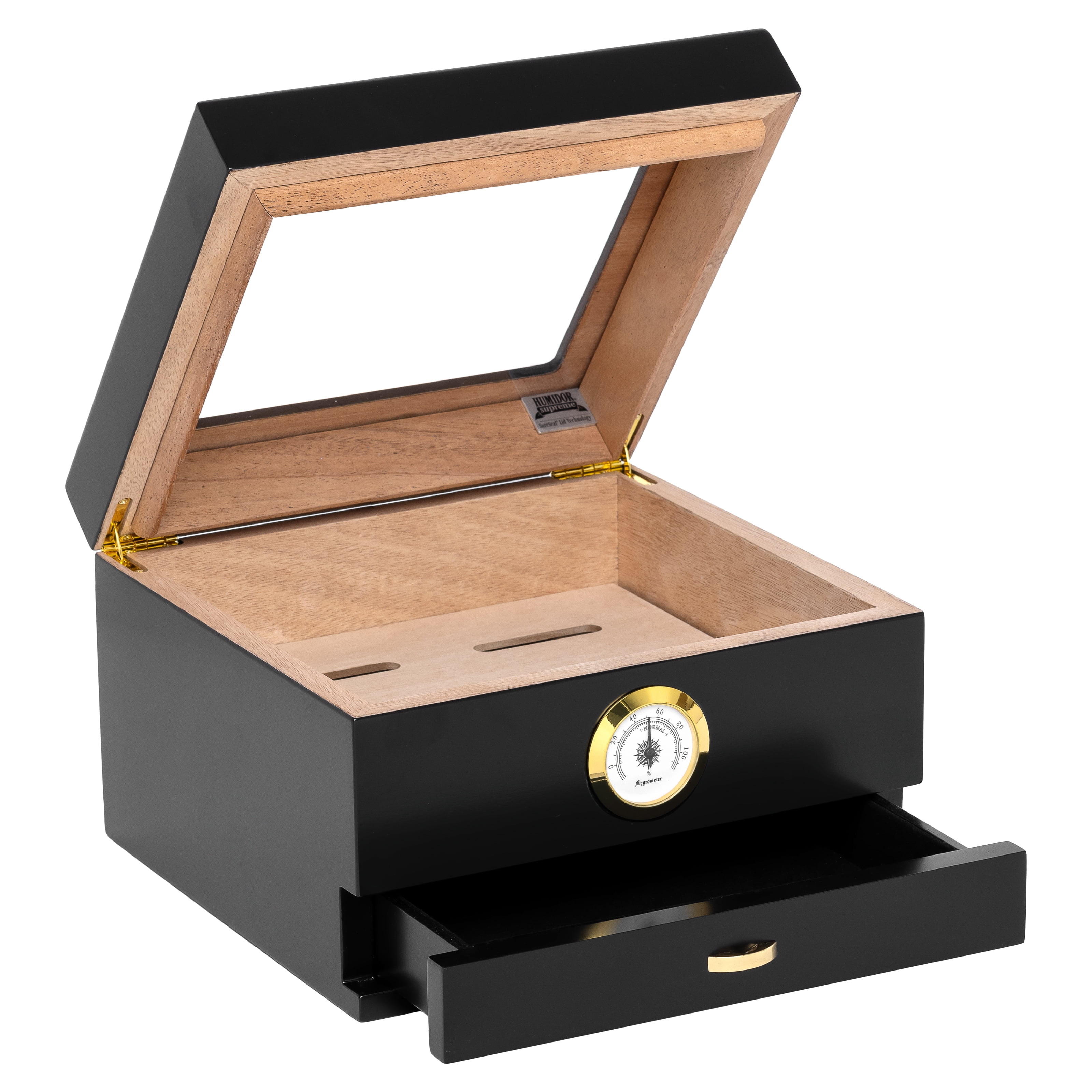 Humidor Supreme Mini Capri Glasstop with Drawer, Black, Hygrometer, 25-48 cigar