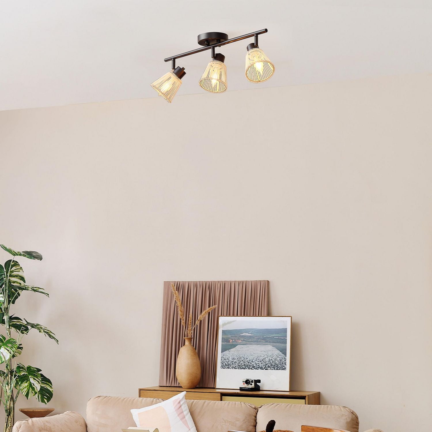 3-Light Matte Black Track Lighting with Bamboo Shades