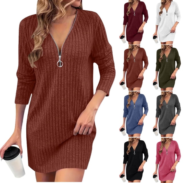Robes pour Femmes Robe d'Automne Robe en Tricot pour Femmes avec Manches Bouffantes pour l'Automne et l'Hiver - Robe Tunique Décontractée à Col Rond Ndbuld,Orange,P