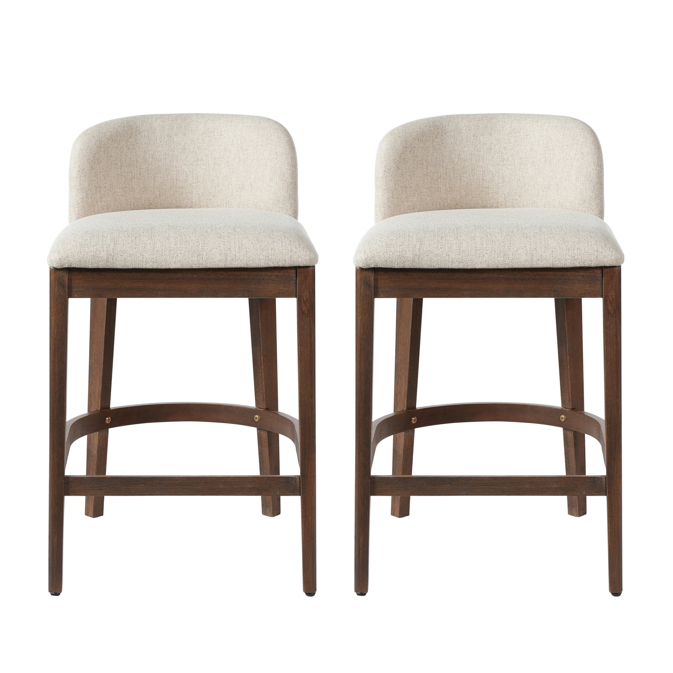Christopher Knight Home 33"H Wooden Beige Upholstered Counter Stools with Curved Seat, Walnut Finish, Set of 2