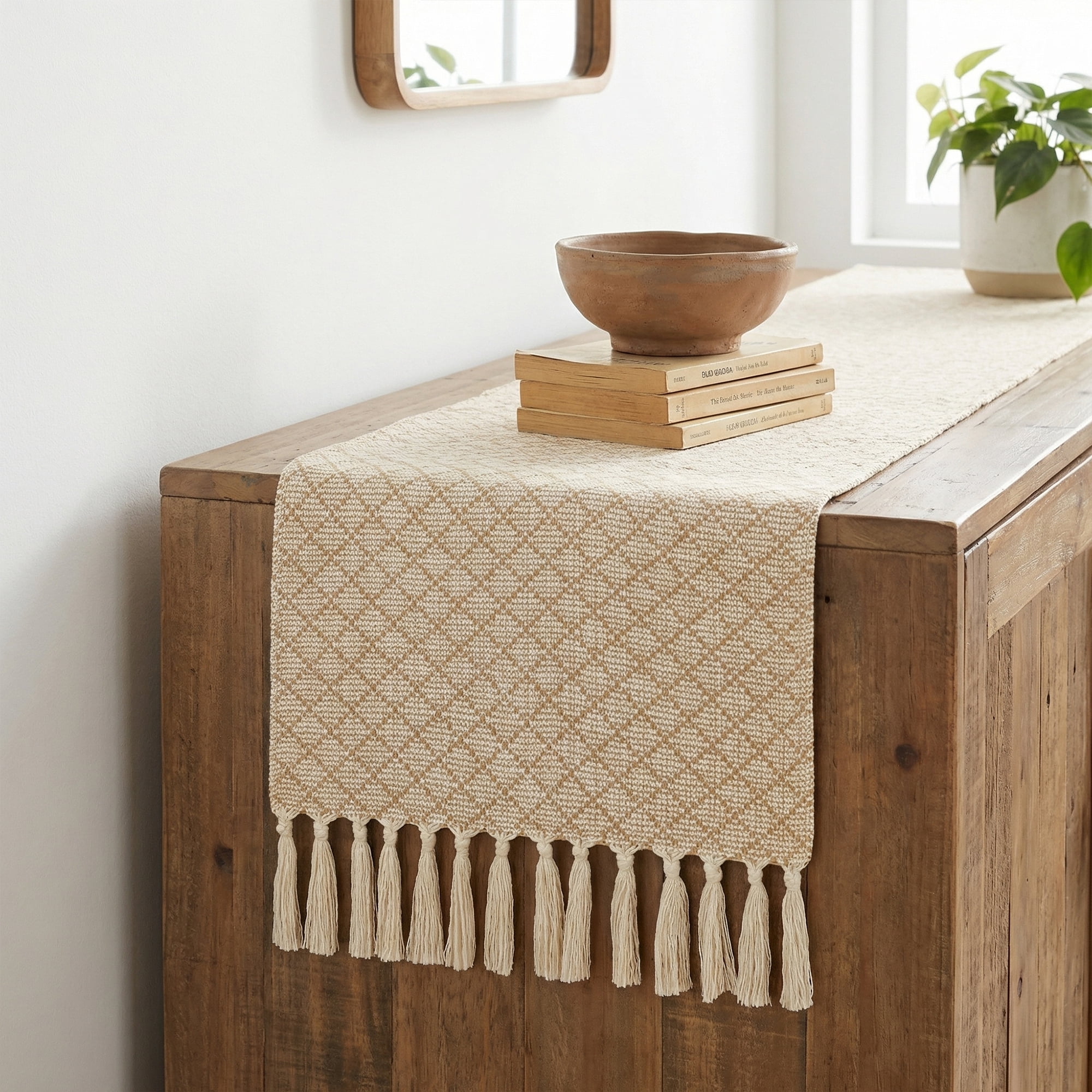 Unique Bargains Long Washable Tassels Table Runner for Decorations Large Square 13"x63"