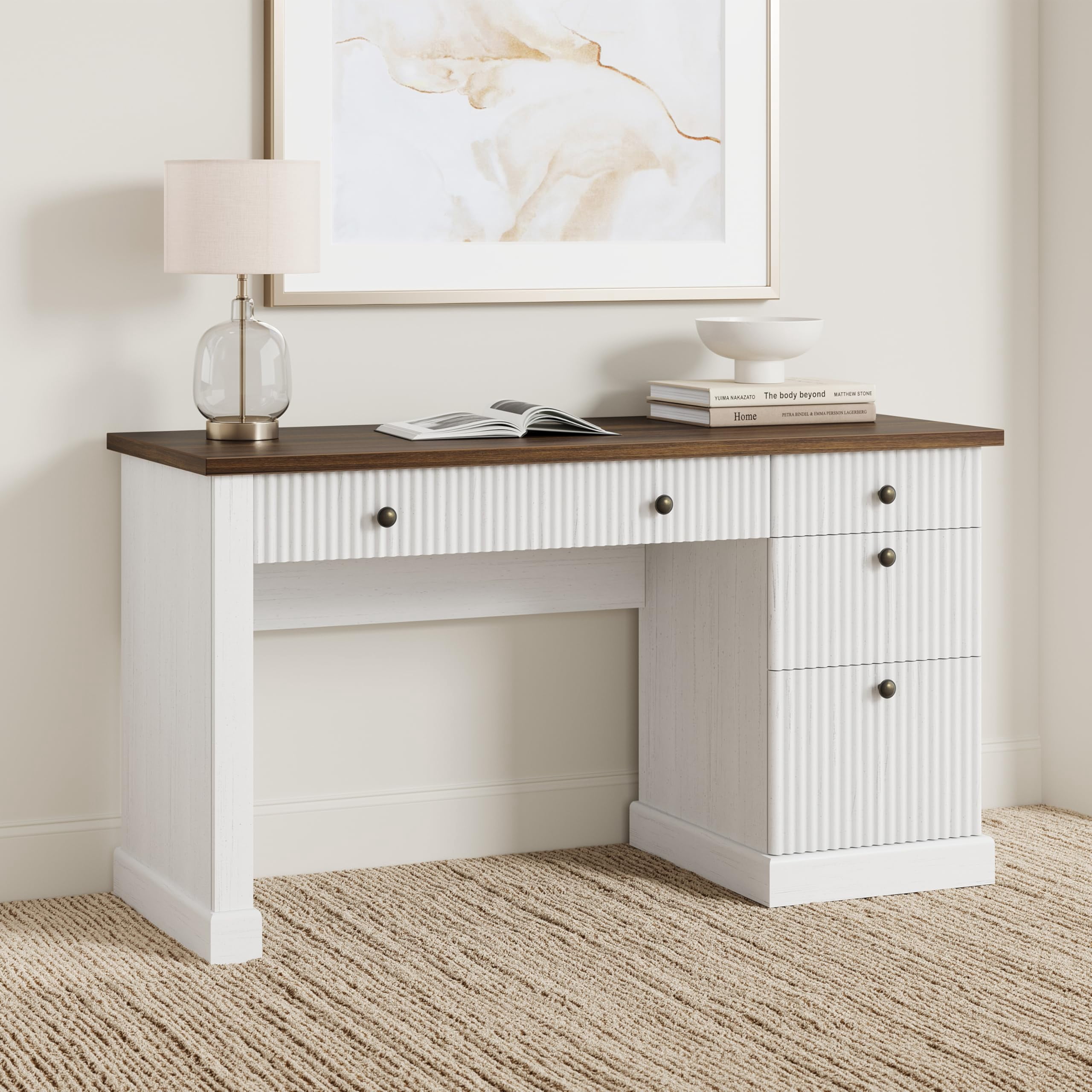 Computer Desk 54 Inch – Home Office Desk with File Drawers, Storage Cabinet & Charging Station, Modern Fluted Executive Writing Table for Small Spaces
