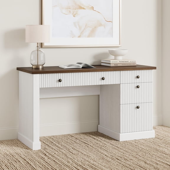 Modern 54" Executive Office Desk with Fluted Details & Charging Station - Wooden Computer Desk with File Drawers, Home Office Storage Desk for Study, Living Room or Bedroom