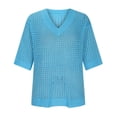 thumbnail image 4 of JGGSPWM Women's Summer Scoop Neck 3/4 Sleeve Sweater Casual Crochet Hollow Out Knit Top Pullover Beach Coverup V Neck Half Sleeve Beach Wear Blue S, 4 of 8