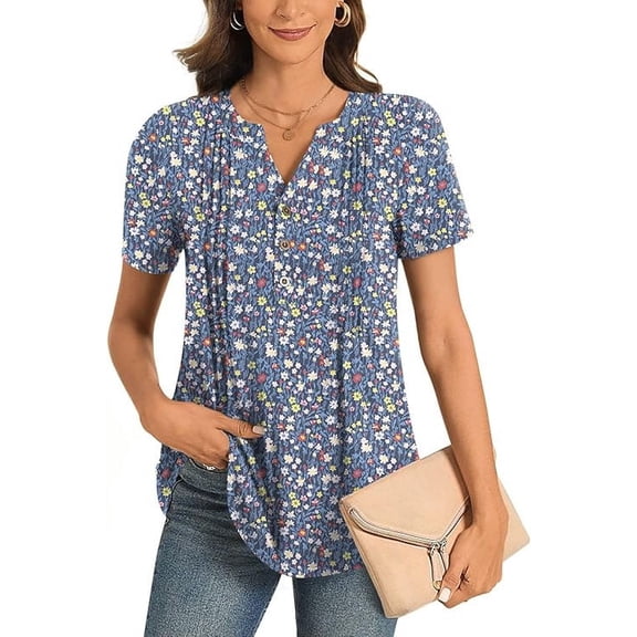 Women’s Summer Floral Tops Short Sleeve Henley Shirt Button Down Casual Loose Fit Lightweight Tunic Blouse for Daily Wear(Available in Plus Size)