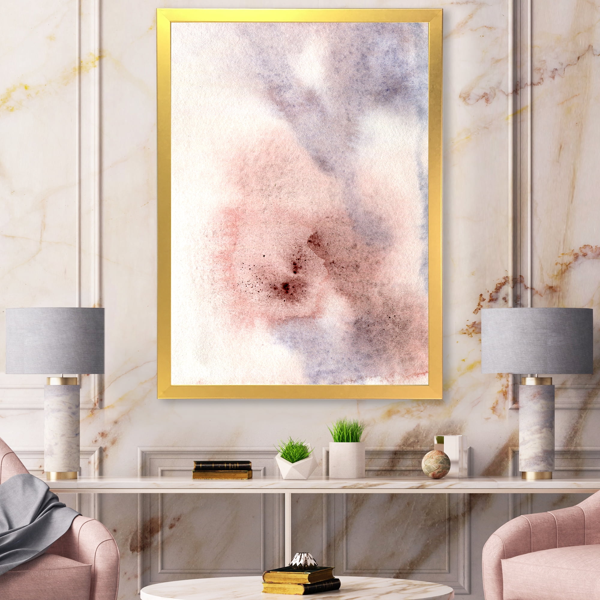 Designart 'Pastel Abstract With Pink Blue Beige and Red Spots' Modern Framed Art Print